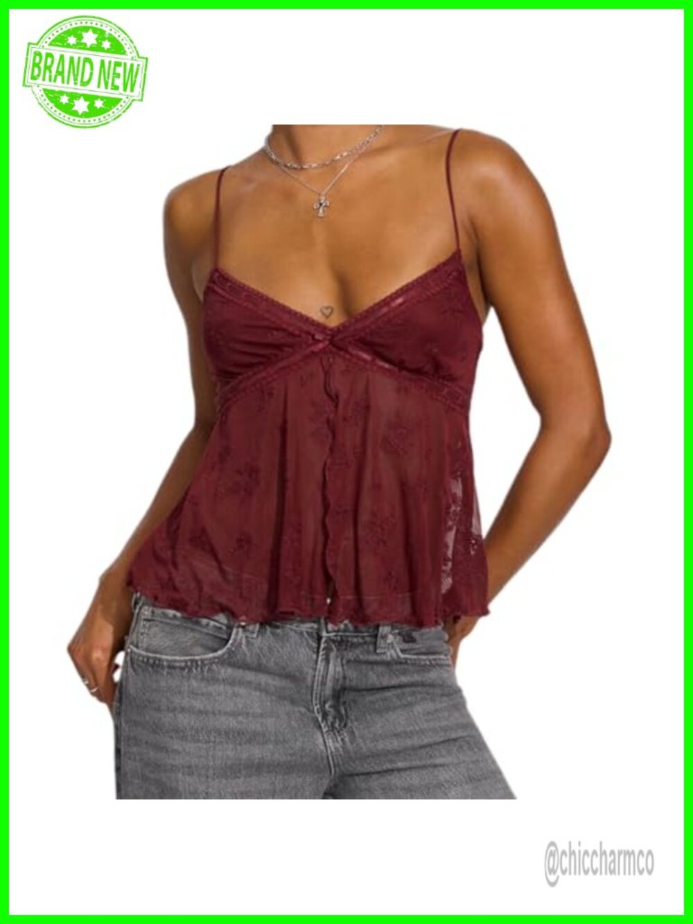 Lace Trim Tank Top Spaghetti Strap V Neck Crop Mesh Babydoll Camisole